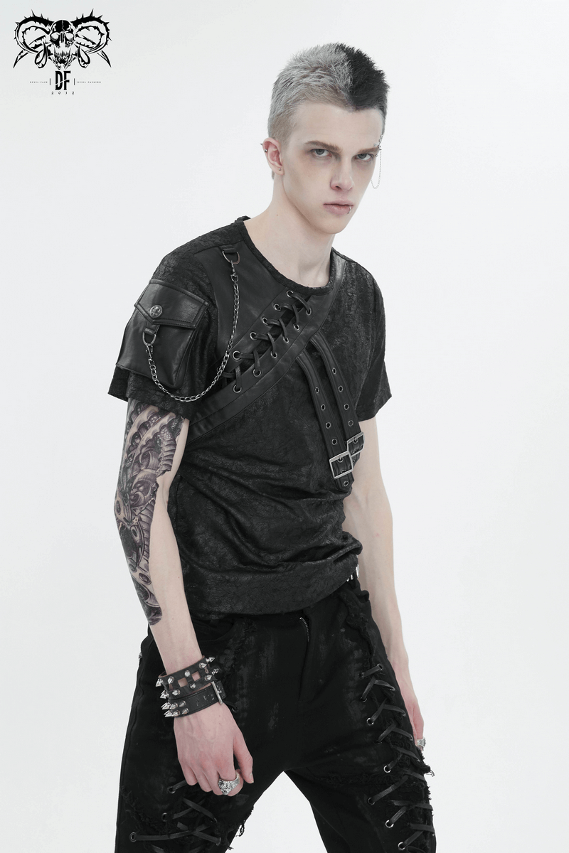 Men's punk buckle splice t-shirt with sleeve pocket, showcasing rebellious fashion and edgy design.