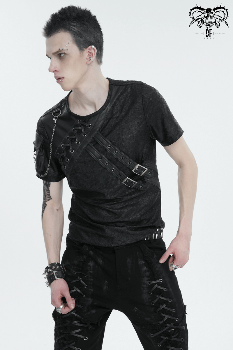 Men's punk buckle-embellished T-shirt with stylish splices and a chic pocket on the sleeve.