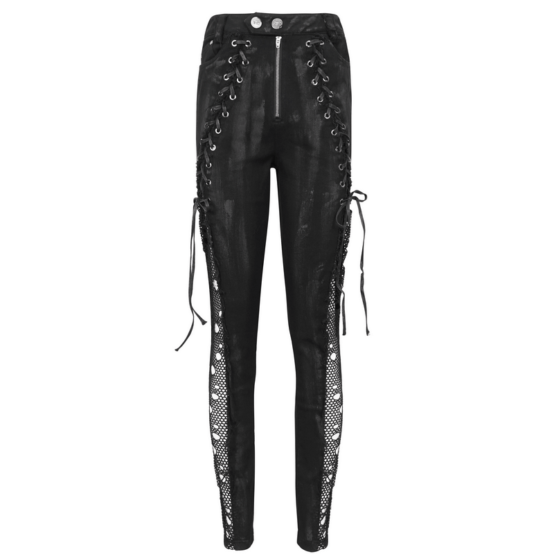 Edgy black punk trousers with buttoned zip, lace-up details, and hole net on the sides for a rebellious style.