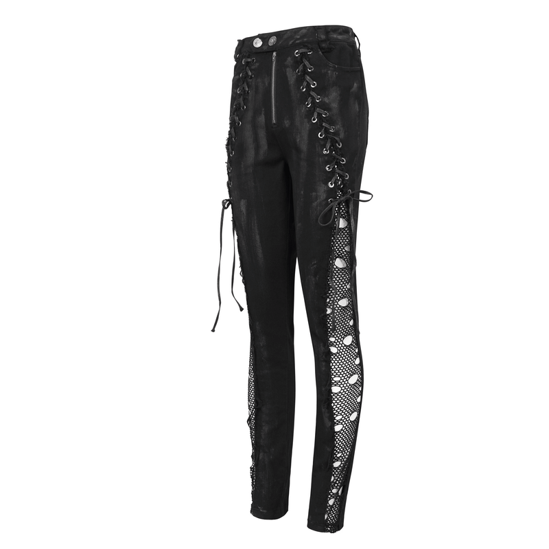 Punk women's black buttoned zip trousers with side hole net and symmetrical lace-up detailing.