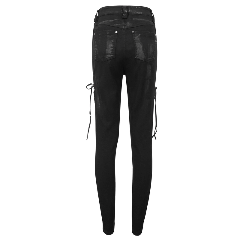 Back view of punk buttoned zip trousers with hole net and lace-up detail in black.