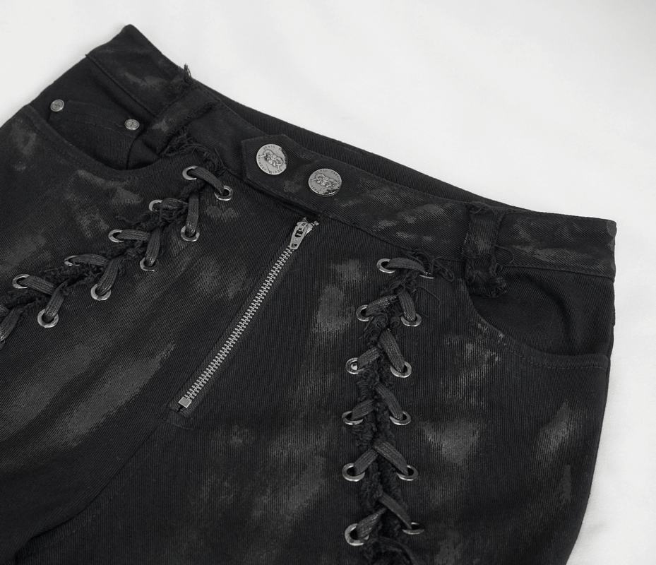 Punk buttoned zip trousers featuring lace-up sides and a stylish black finish for a rebellious look.