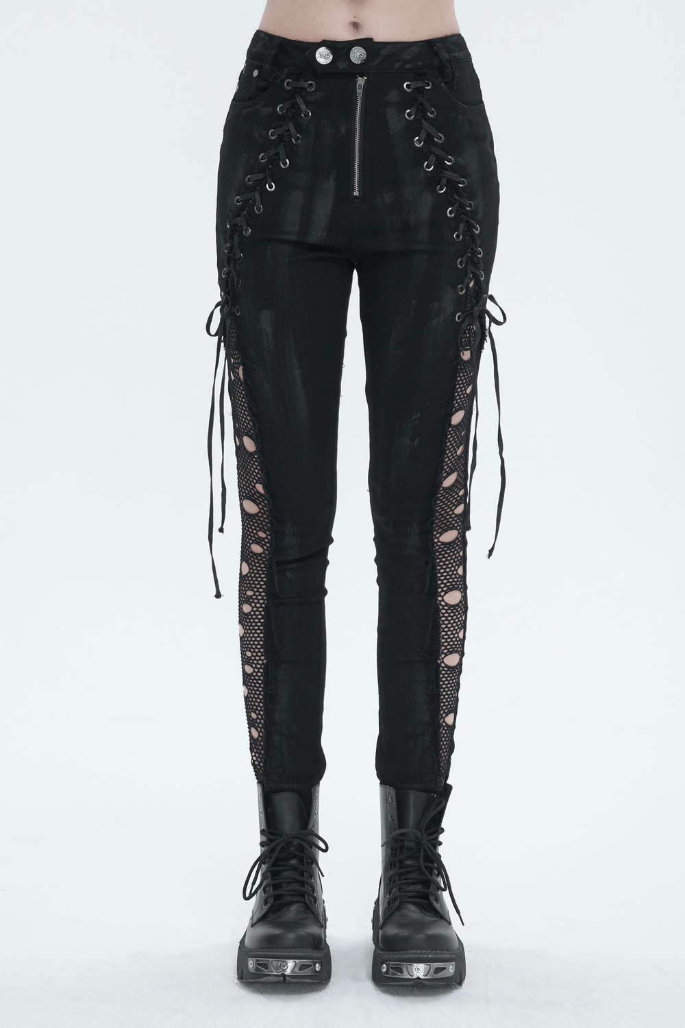 Edgy black punk trousers featuring hole net sides, lace-up detailing, and a stylish zip closure.