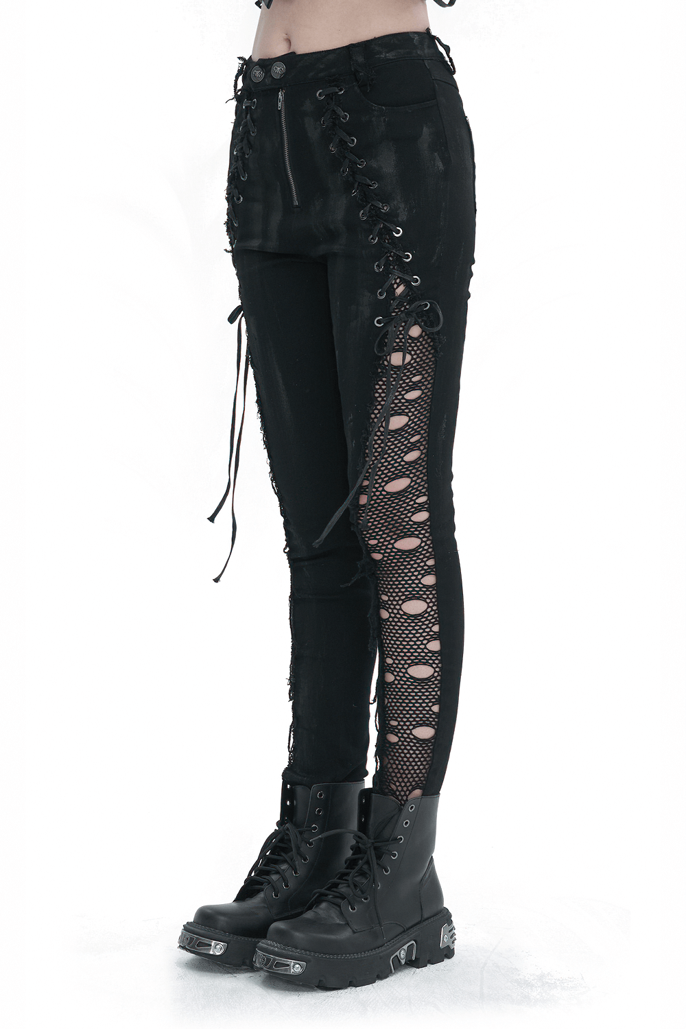 Punk black trousers with lace-ups and hole net details on the sides for a rebellious style.
