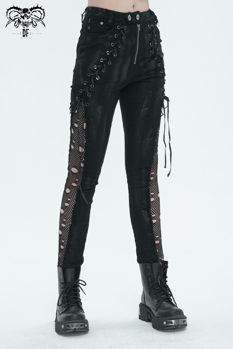 Punk black trousers with side hole net, lace-up details, and a cool buttoned zip for an edgy style.
