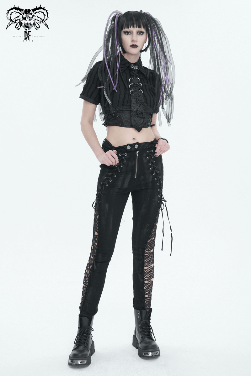 Punk Buttoned Zip Trousers with Hole Net on Sides / Black Pants With Symmetrical Lace-up - HARD'N'HEAVY