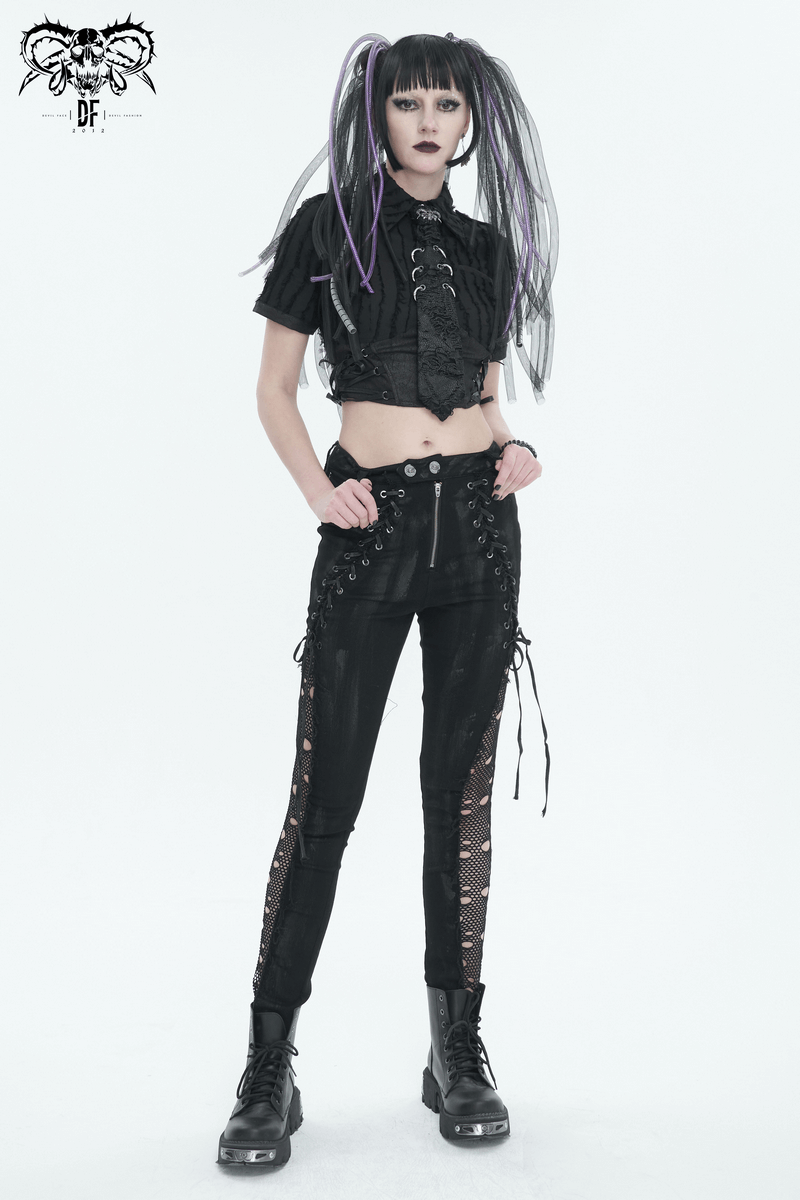 Punk women's black trousers with hole net sides, lace-up design, and edgy styling for a rebellious look.