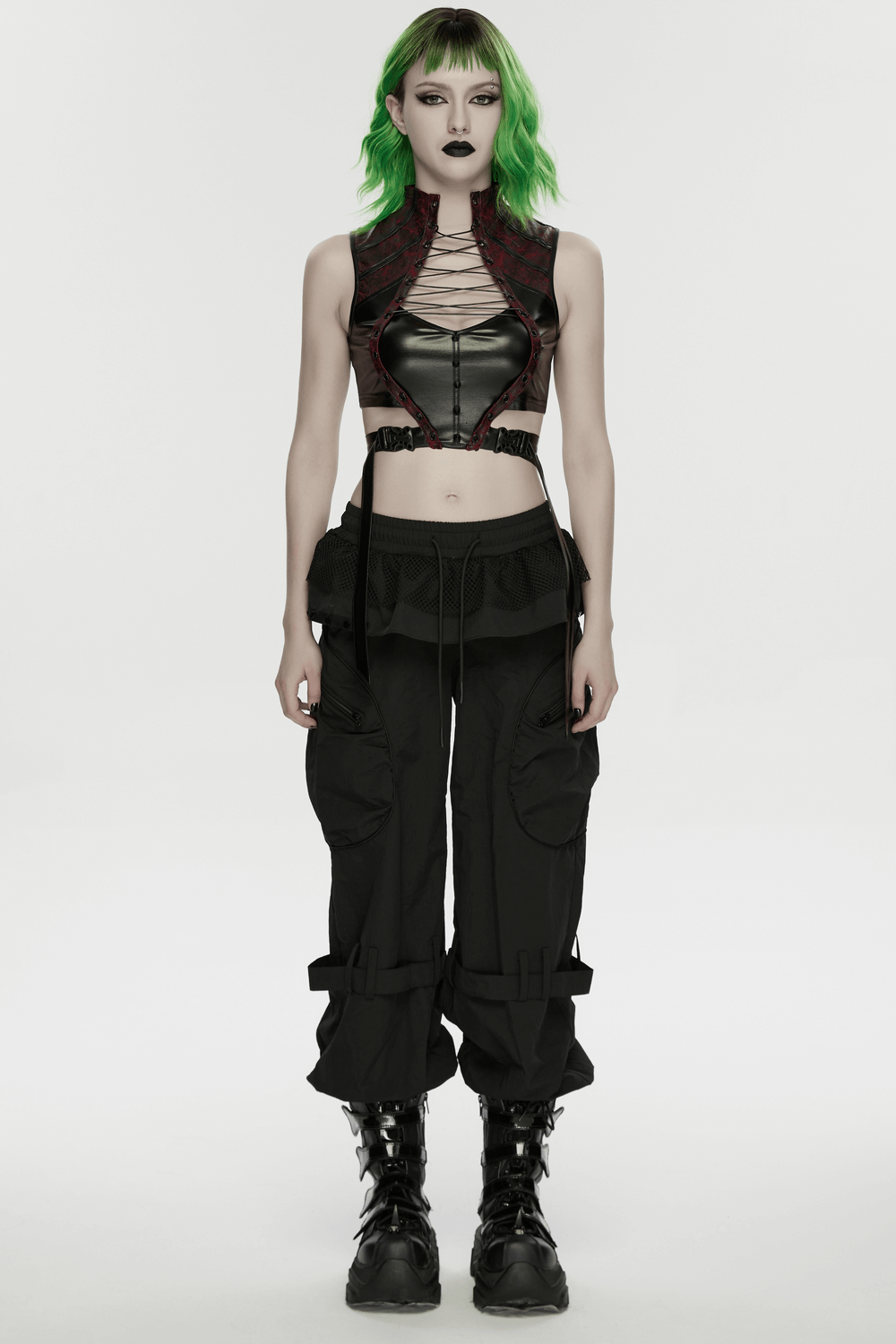 Punk Cargo Cuffed Pants with Mesh Waist Details worn with a bold cropped top for a striking streetwear look.