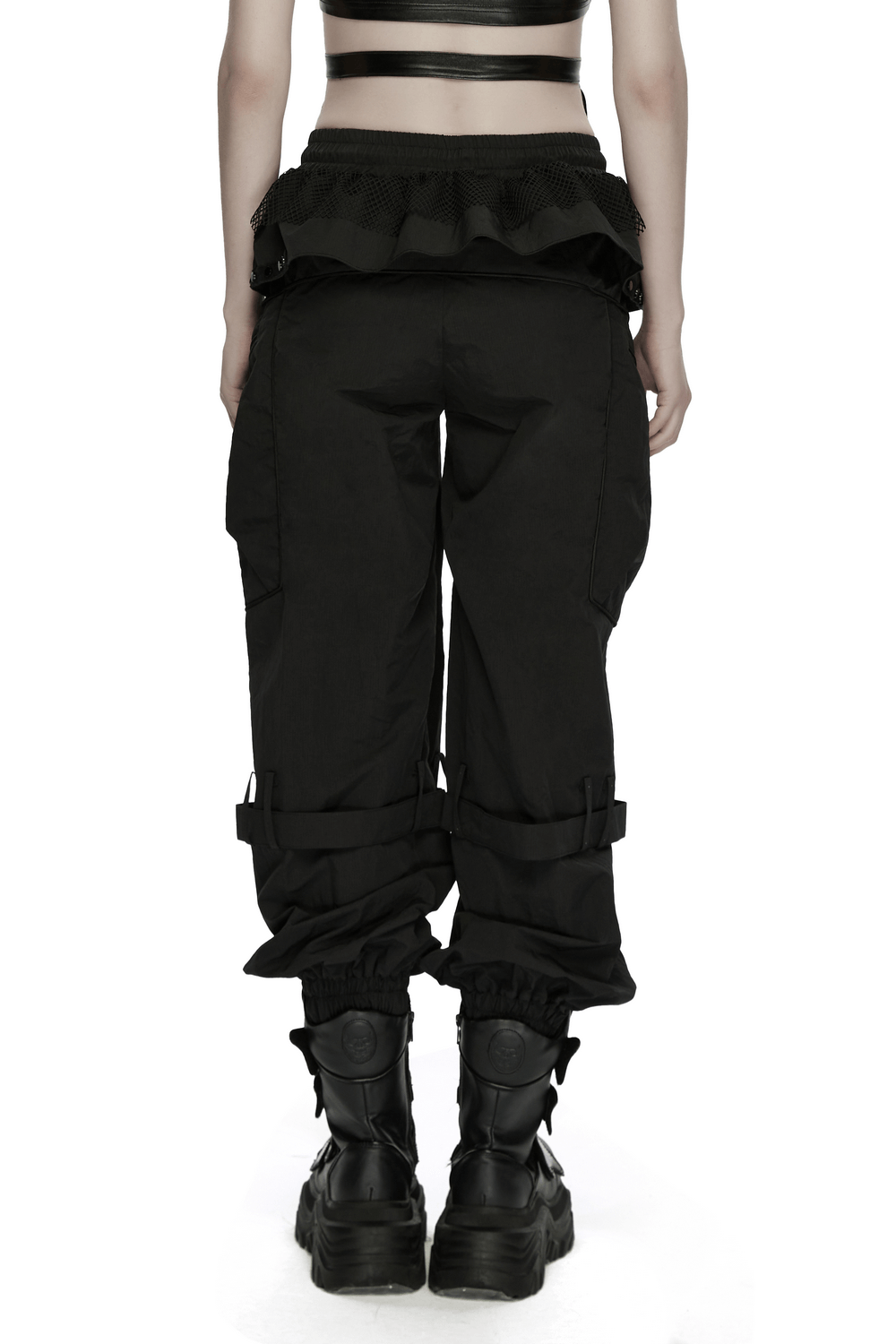 Punk Cargo Cuffed Pants with Mesh Waist Details showcasing back view, featuring patch pockets and elastic cuffs.