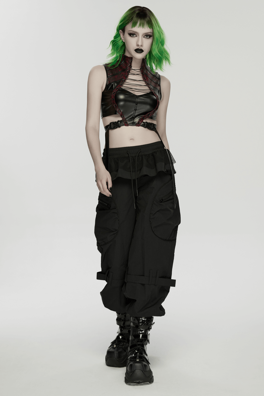 Punk Cargo Cuffed Pants with Mesh Waist Details worn by model with green hair in a bold street punk look.