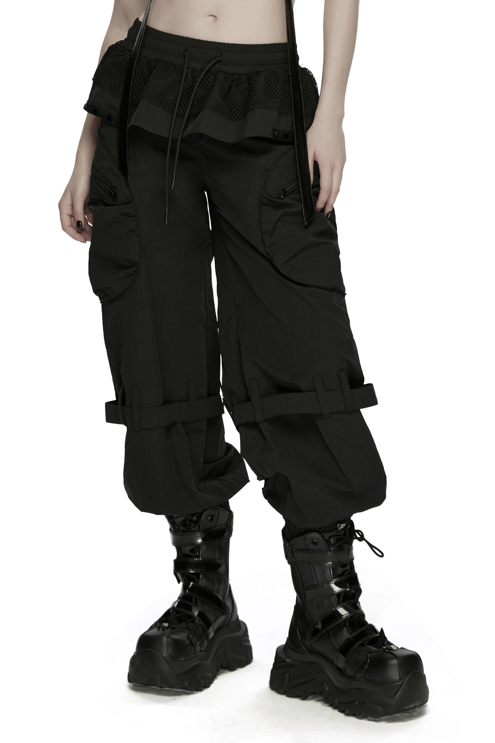 Punk Cargo Cuffed Pants with Mesh Waist Details worn with stylish black combat boots, showcasing unique patch pockets.