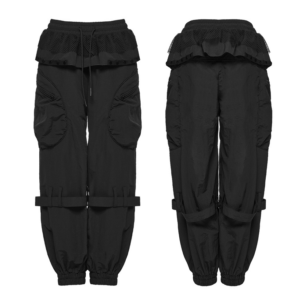 Punk Cargo Cuffed Pants with Mesh Waist Details showcasing a bold streetwear style in black with unique patch pockets.
