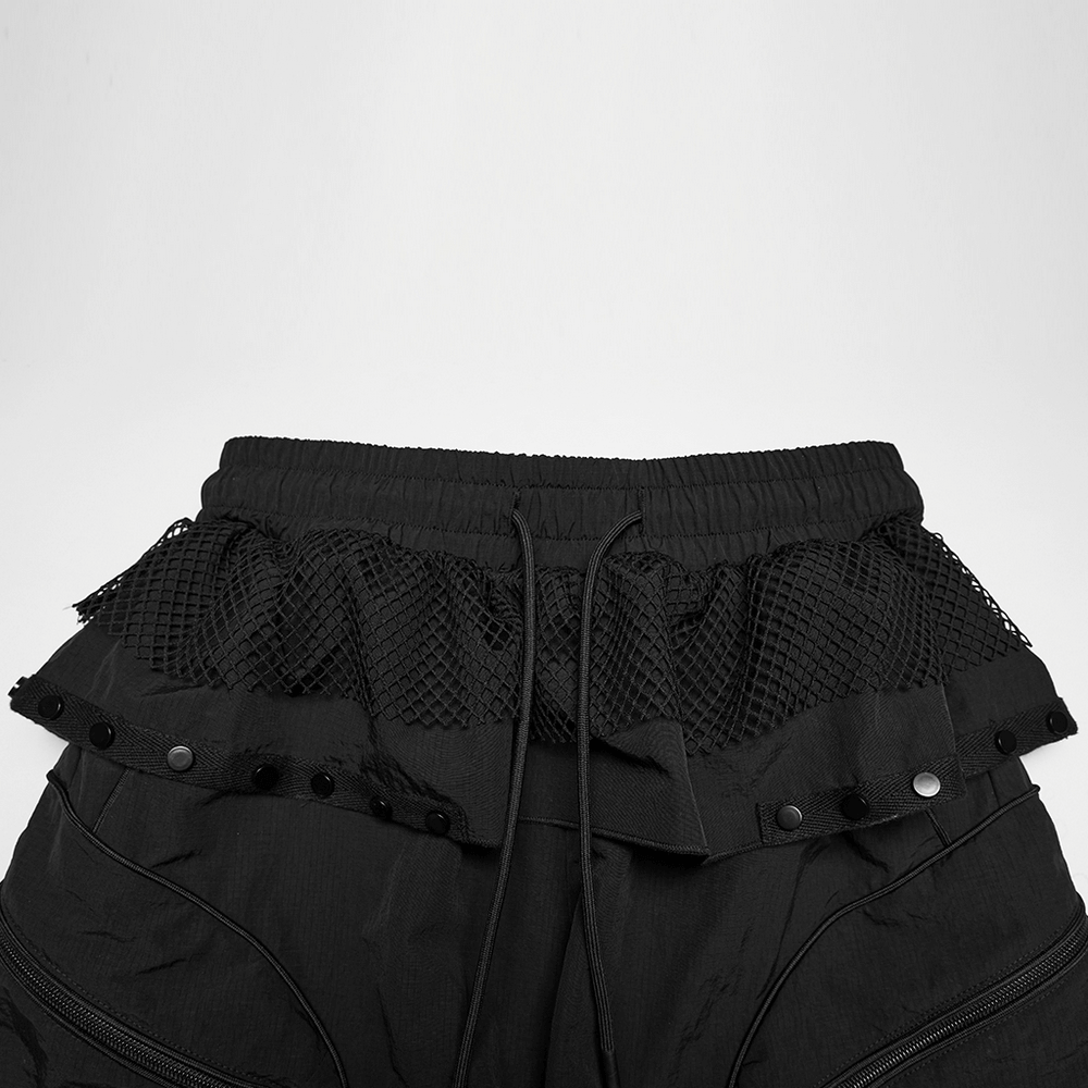 Punk Cargo Cuffed Pants with Mesh Waist Details showcasing the mesh waist design and elastic drawstring.