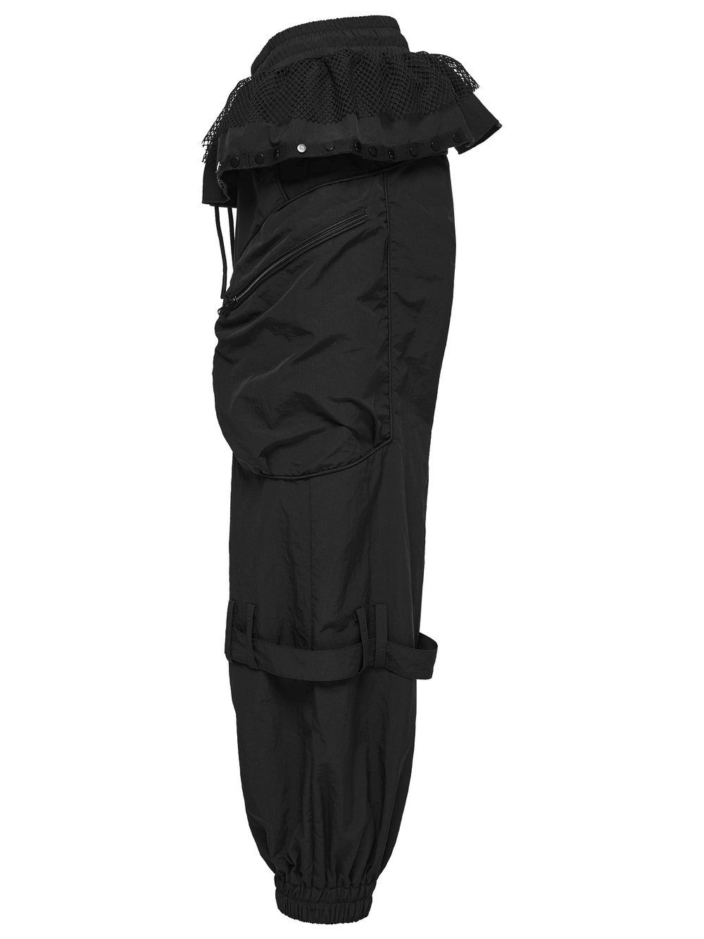 Punk Cargo Cuffed Pants with Mesh Waist Details showcasing a sleek side view with unique ruffled mesh waist and patch pockets.