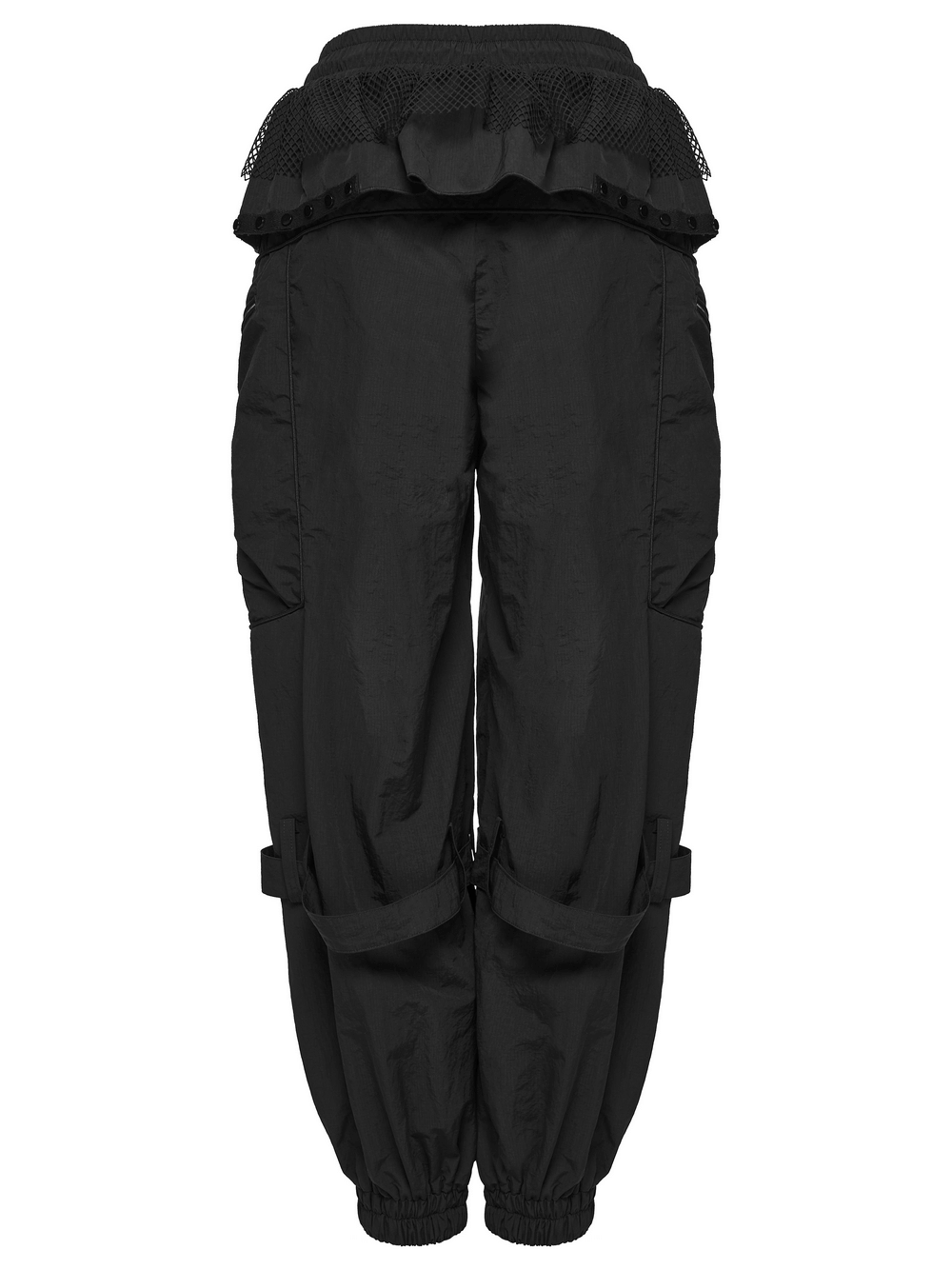 Punk Cargo Cuffed Pants with Mesh Waist Details showcasing a stylish black design with elastic cuffs and patch pockets.