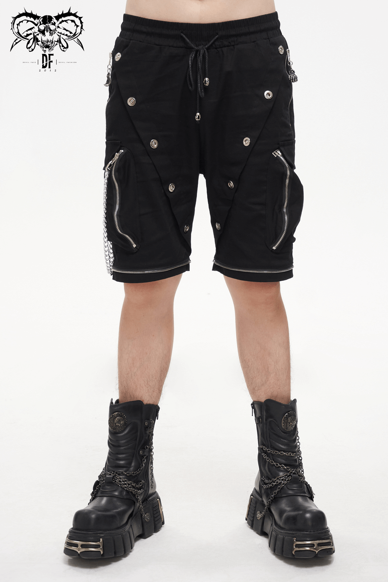 Men's punk cargo shorts in black featuring metal buttons, zippers, and edgy design, perfect for a trendy gothic look.