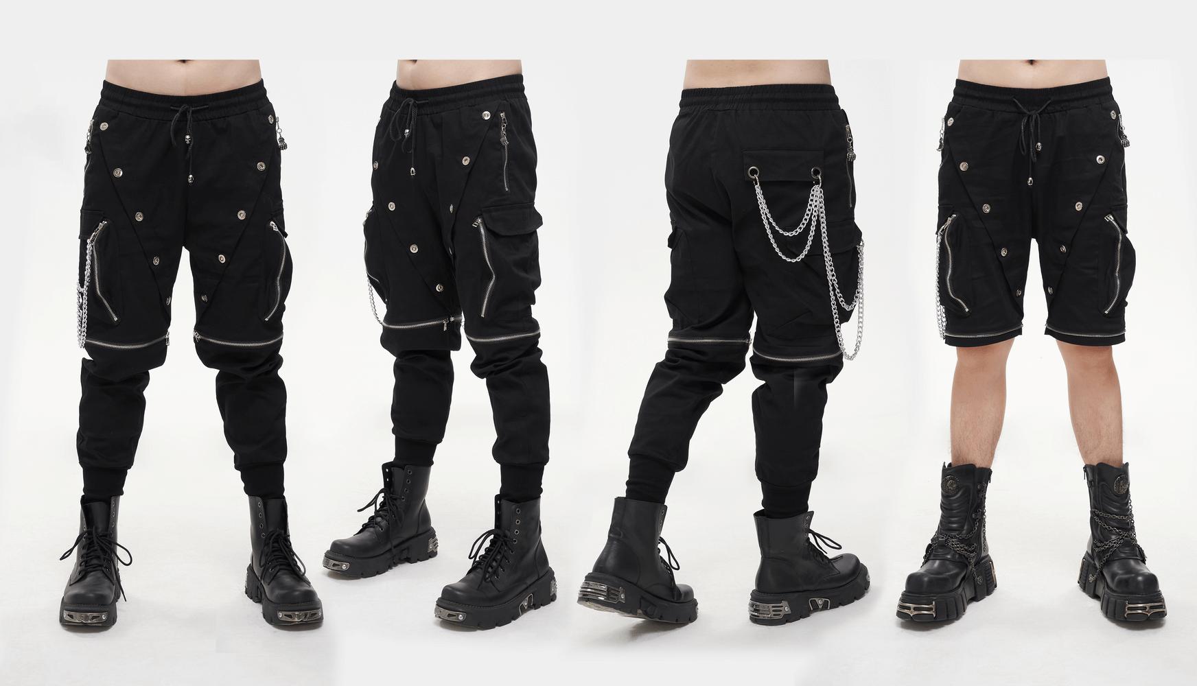 Punk black cargo pants with metal buttons and chain, stylish detachable trousers for men, perfect for a trendy gothic look.