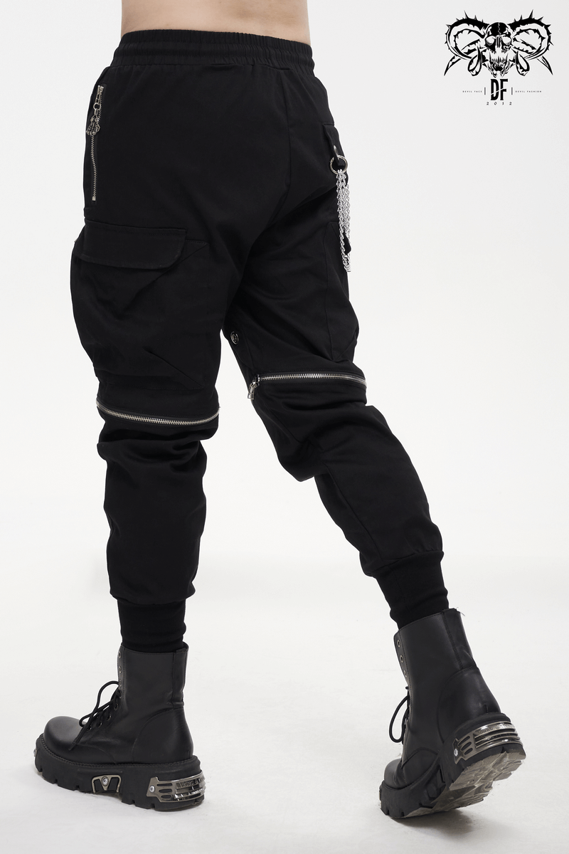 Men's black cargo pants with metal zippers and chains, showcasing a trendy punk style from the back.