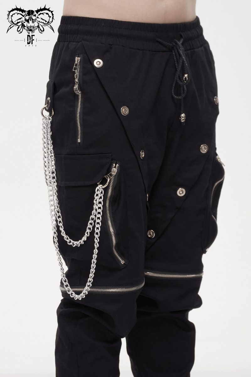 Men's punk cargo pants with metal buttons and detachable chains, featuring stylish pockets and zippers in black.