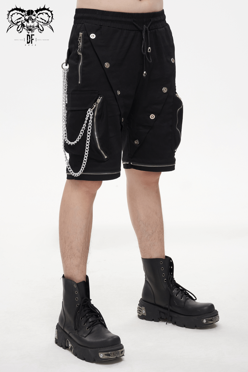 Punk Cargo Pants With Metal Buttons / Gothic Black Detachable Trousers with Chain - HARD'N'HEAVY