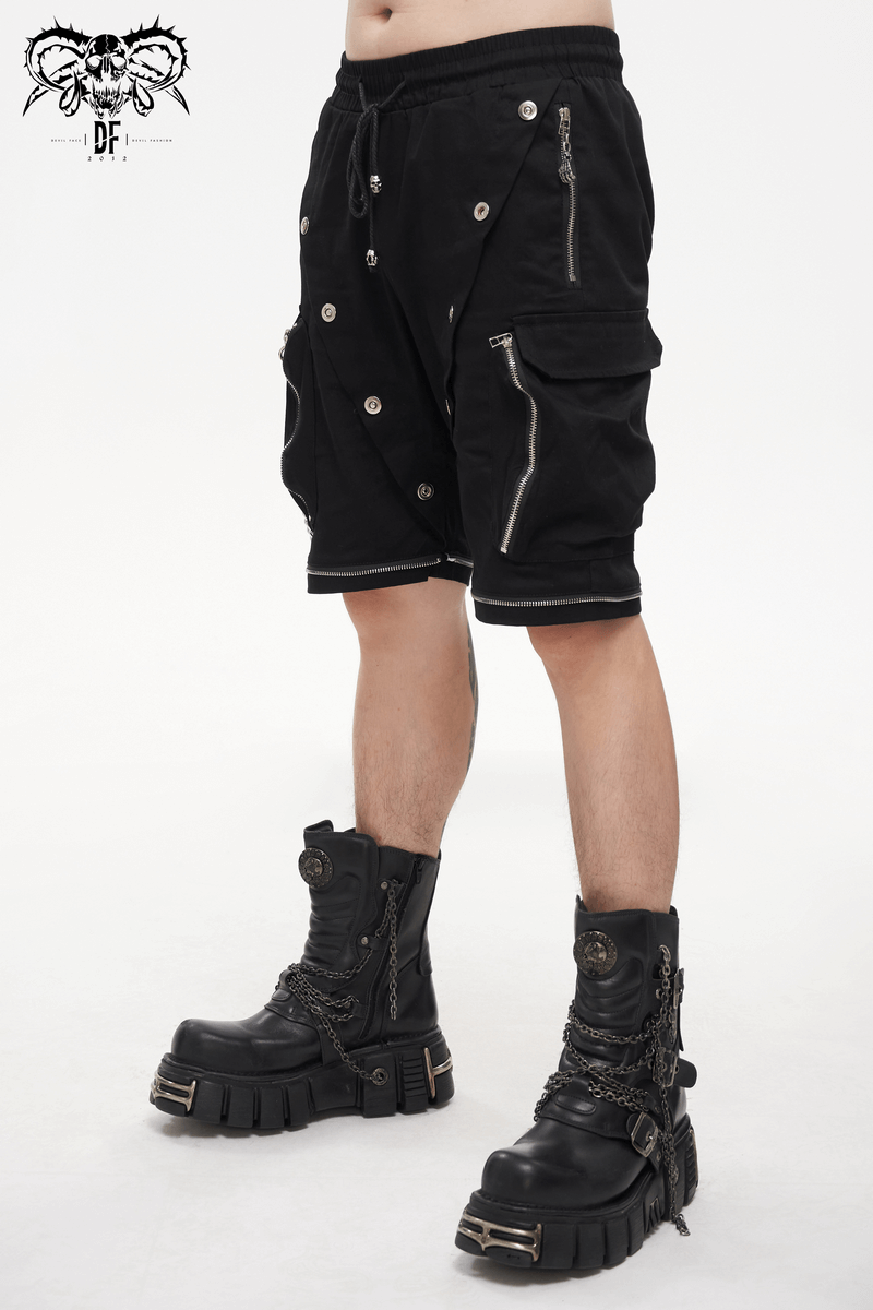 Men's punk black cargo shorts with metal buttons, zippers, and stylish chunky boots.