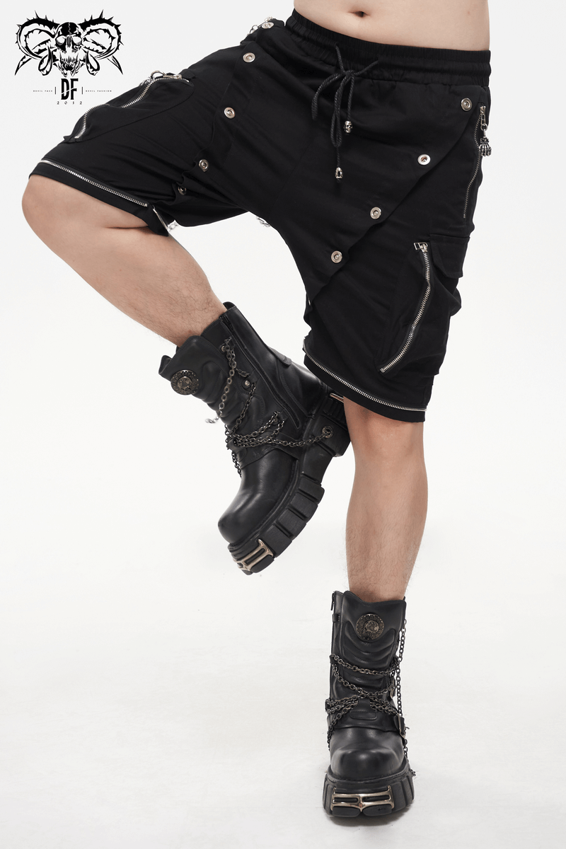 Men's punk cargo pants with metal buttons, stylishly paired with edgy black boots.