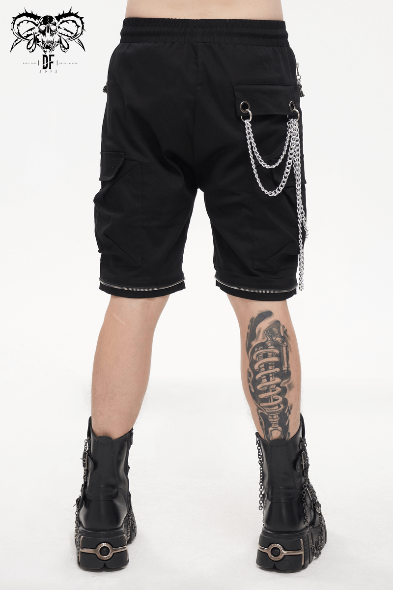 Men's black cargo shorts with chains and punk style, showcased from the back with edgy tattoo detail.