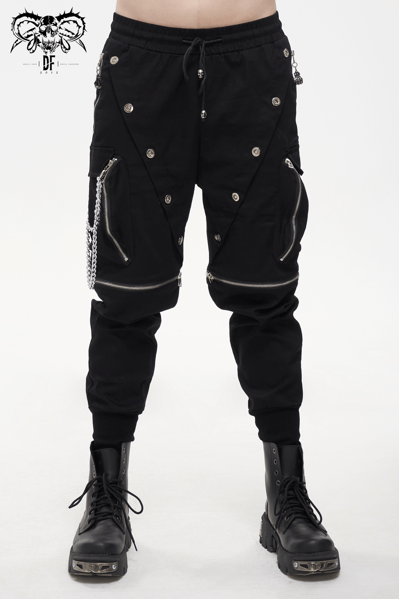 Men's black punk cargo pants with metal buttons, zippers, and chains, perfect for a trendy gothic style.
