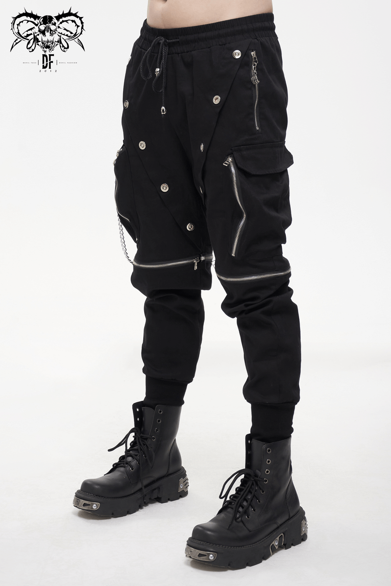 Men's black punk cargo pants with metal buttons and zippers, featuring detachable design and chains, perfect for trendy street fashion.