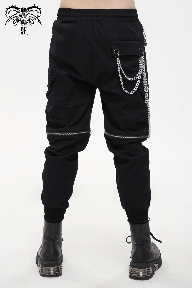 Men's punk cargo pants with metal buttons, chain detail, and modern design, perfect for a trendy gothic look.