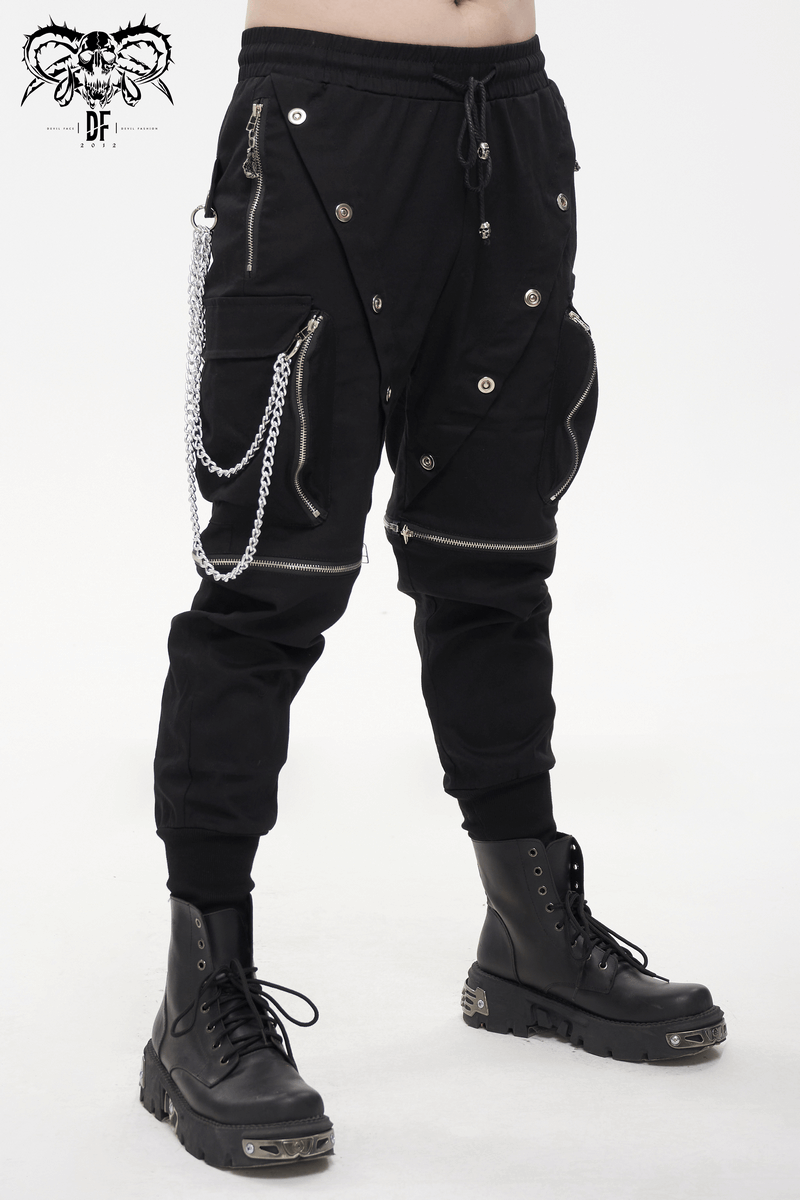 Punk cargo pants in black with metal buttons, zippers, and chains, designed for a trendy gothic look.