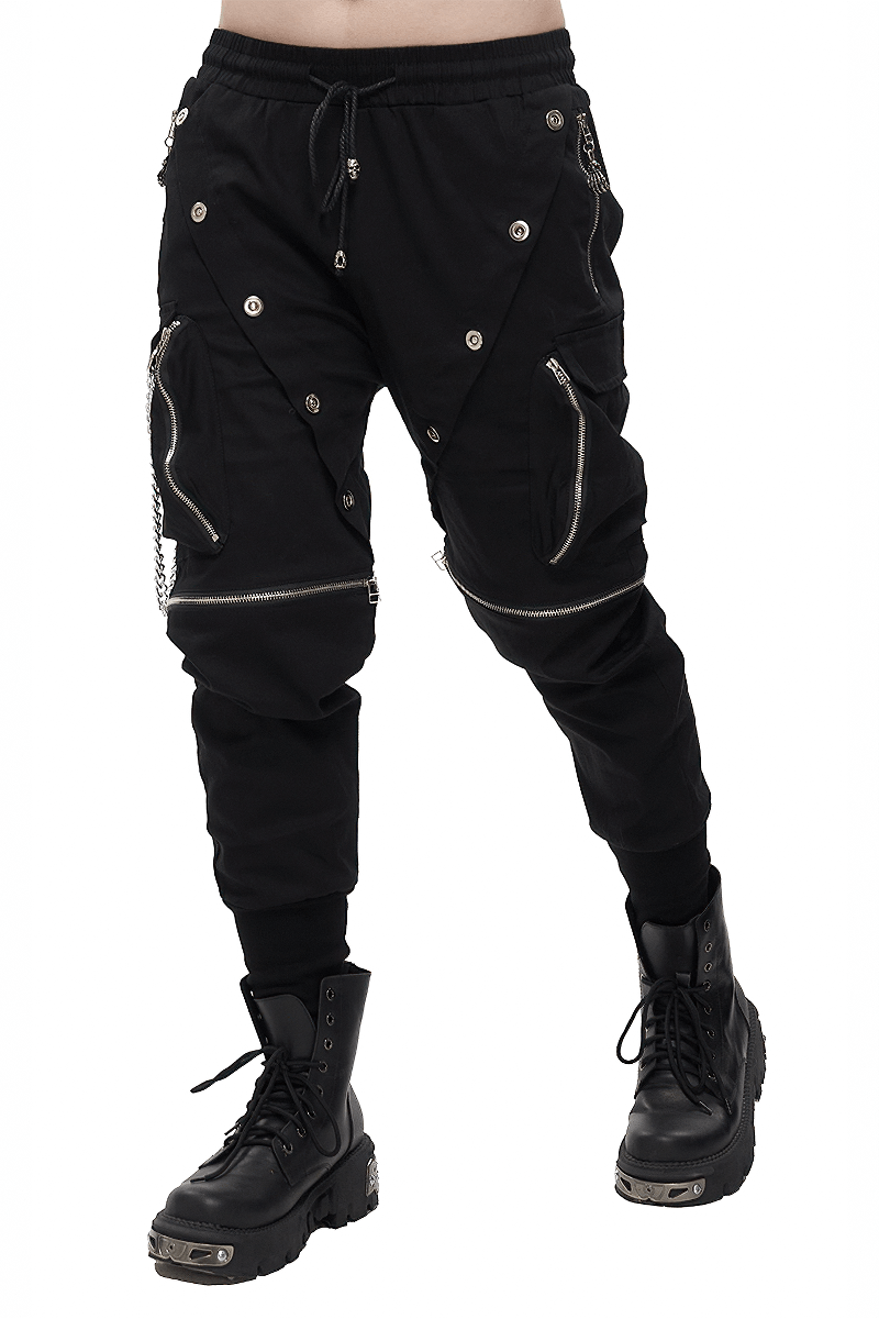 Punk Cargo Pants With Metal Buttons / Gothic Black Detachable Trousers with Chain - HARD'N'HEAVY