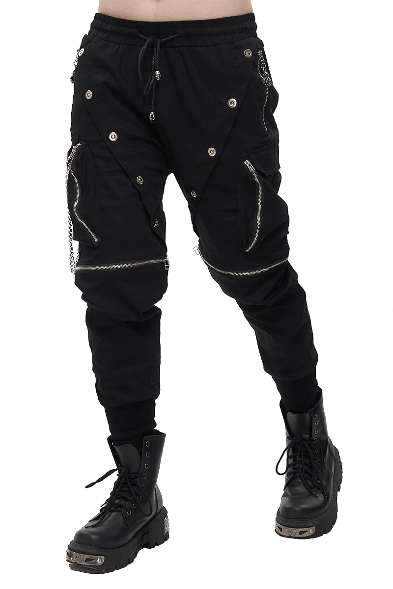 Men's punk black cargo pants with metal buttons and chains, perfect for a trendy gothic look.