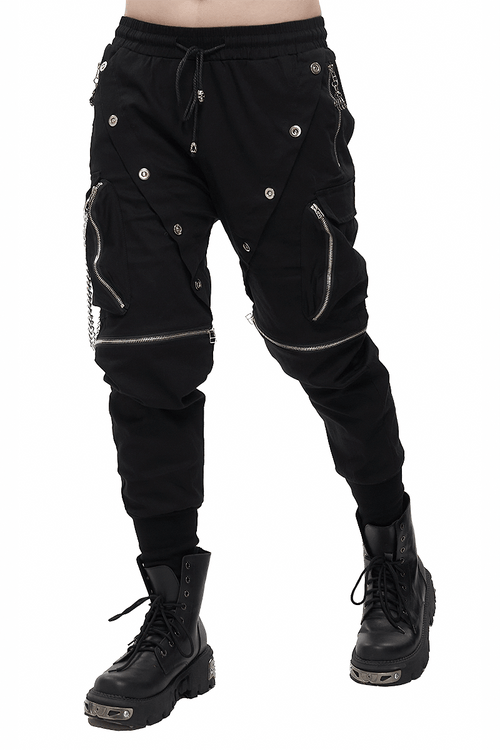 Punk-Cargohose mit Metallknöpfen / Gothic-Schwarze abnehmbare Hose mit Kette