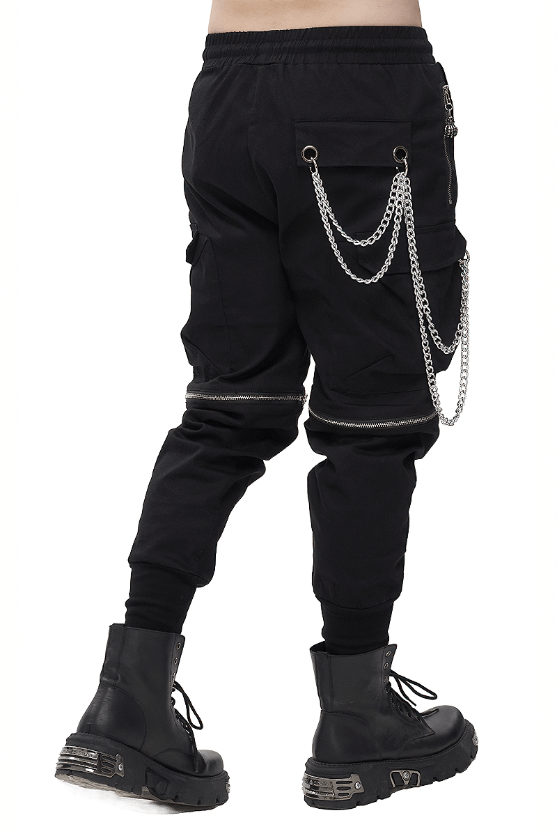 Men's black punk cargo pants with chains and zippers, showcasing a stylish modern design.