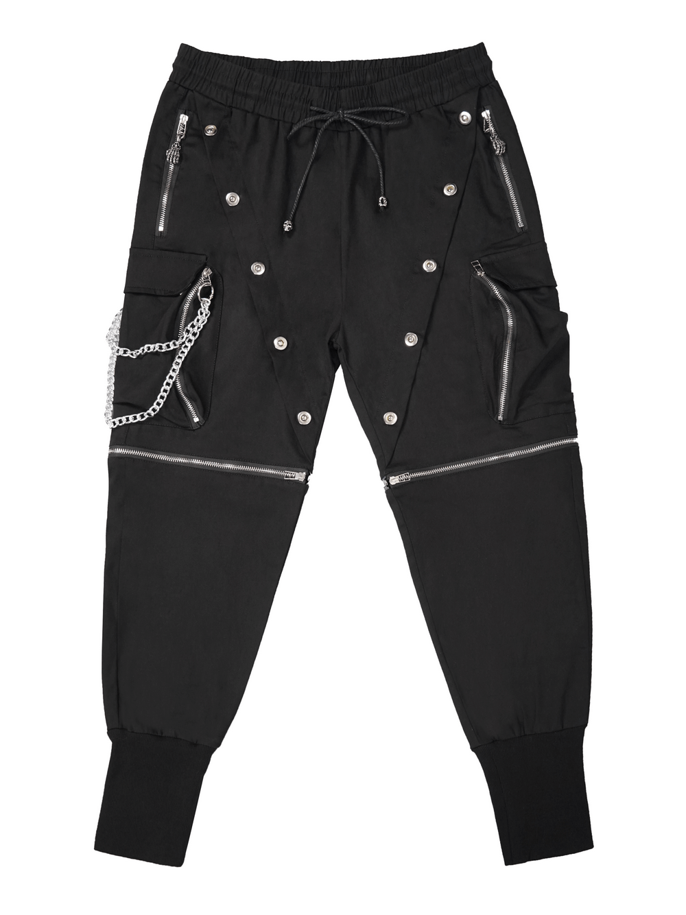 Men's black punk cargo pants with metal buttons, zippers, and detachable chain for a trendy gothic look.