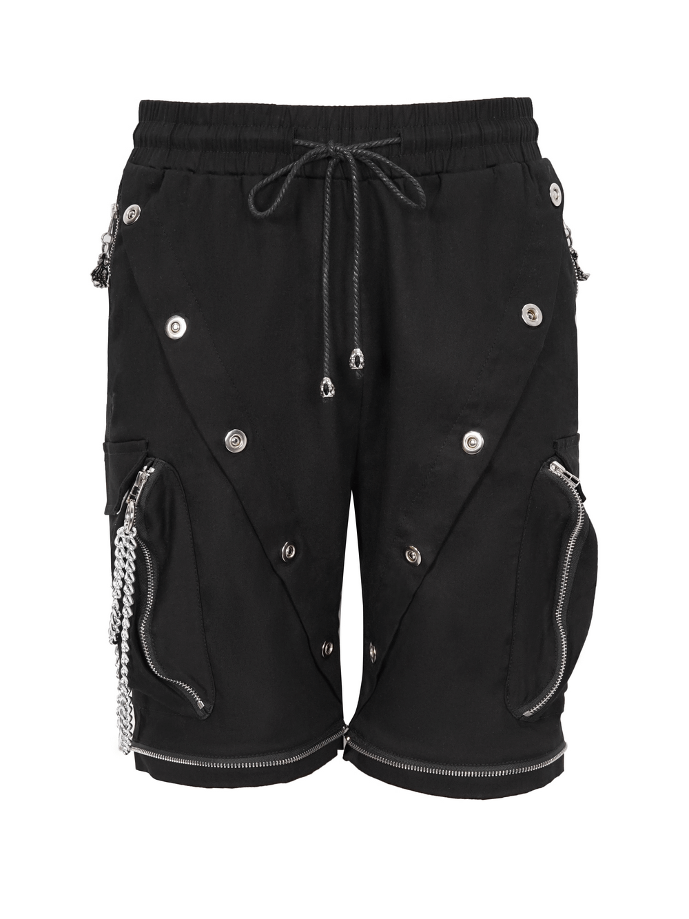 Punk cargo shorts in black with metal buttons and chains, perfect for a trendy gothic style.