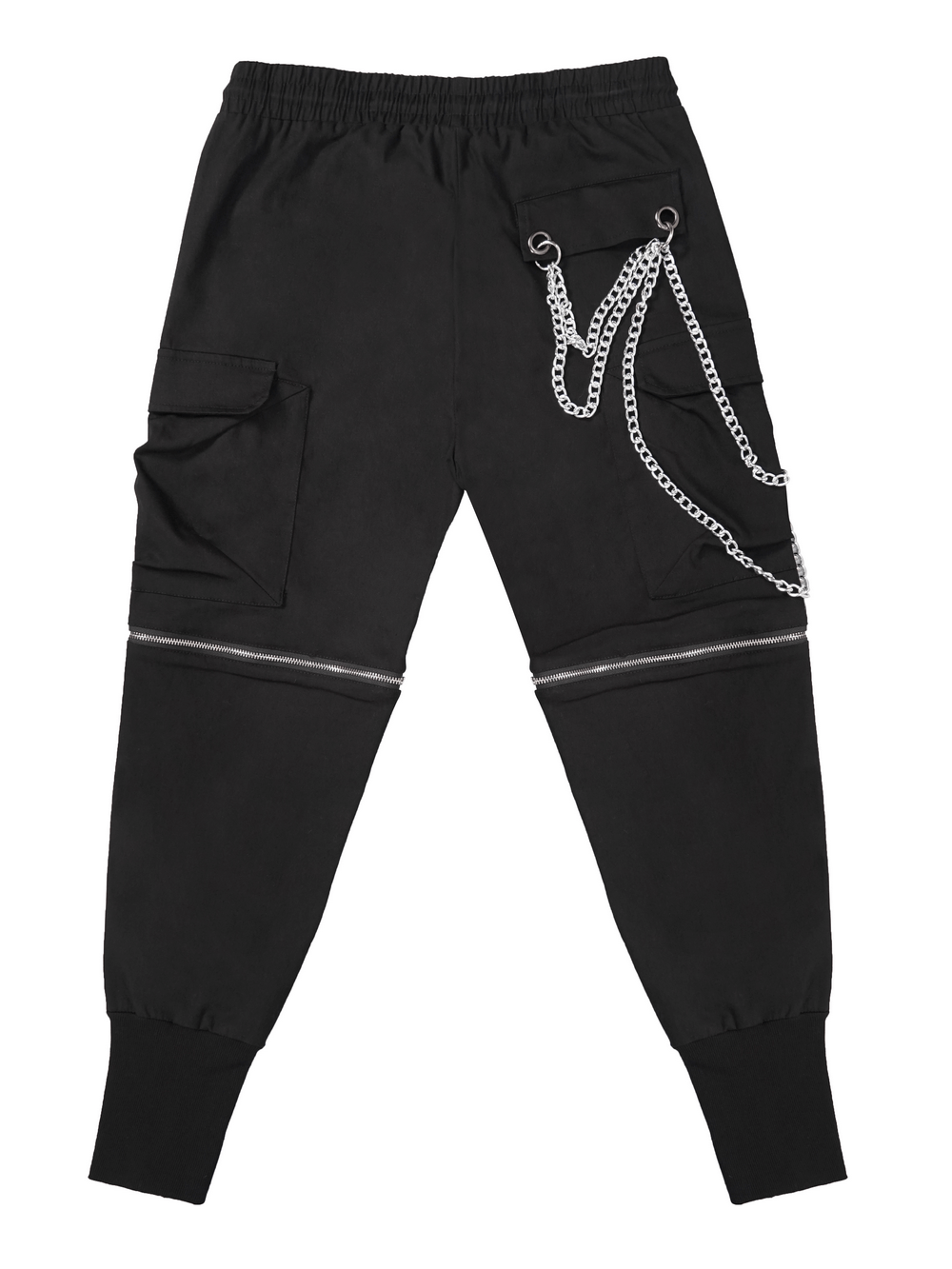 Men's punk cargo pants in black with metal buttons, zippers, and detachable chain for a trendy gothic look.