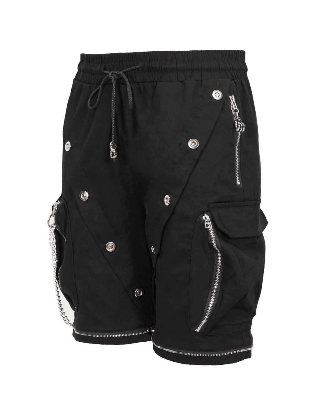 Men's black punk cargo pants with metal buttons and zipper accents, featuring a detachable chain for stylish flair.