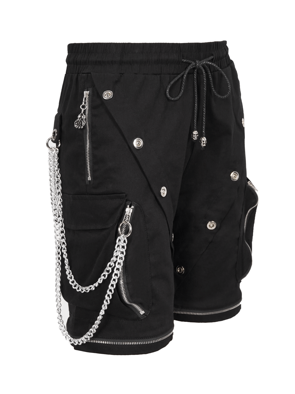 Men's black punk cargo pants with metal buttons and chain details, featuring a trendy modern design.