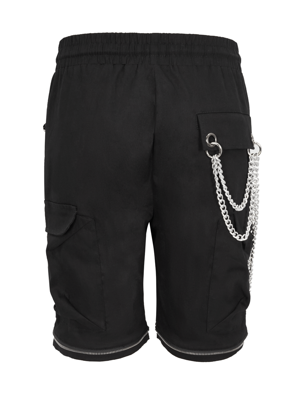 Men's black cargo shorts with chains, metal accents, and a trendy punk style design.