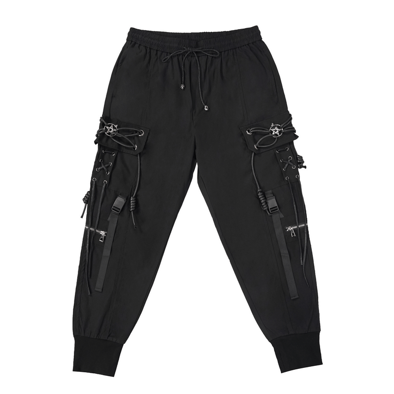 Men's black cargo pants with metal pentagram accents and pockets, perfect for a punk style wardrobe.