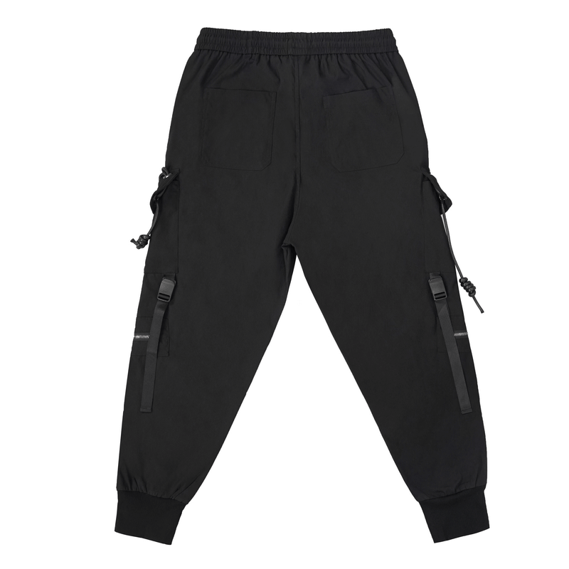 Back view of men's black cargo pants with pockets and stylish straps, perfect for punk fashion and comfort.