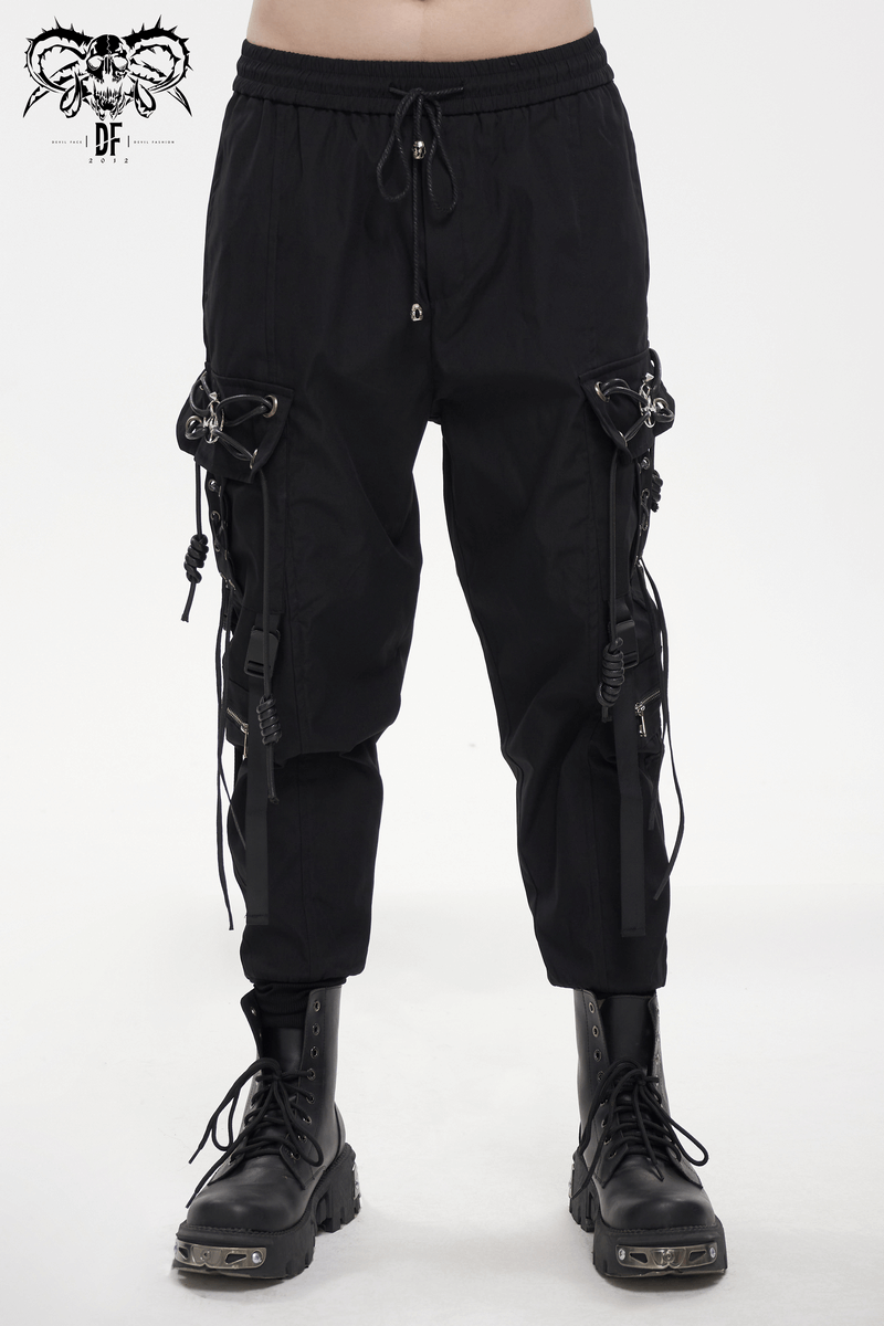 Men's black cargo pants with metal accents and elastic waist, perfect for punk style fashion.