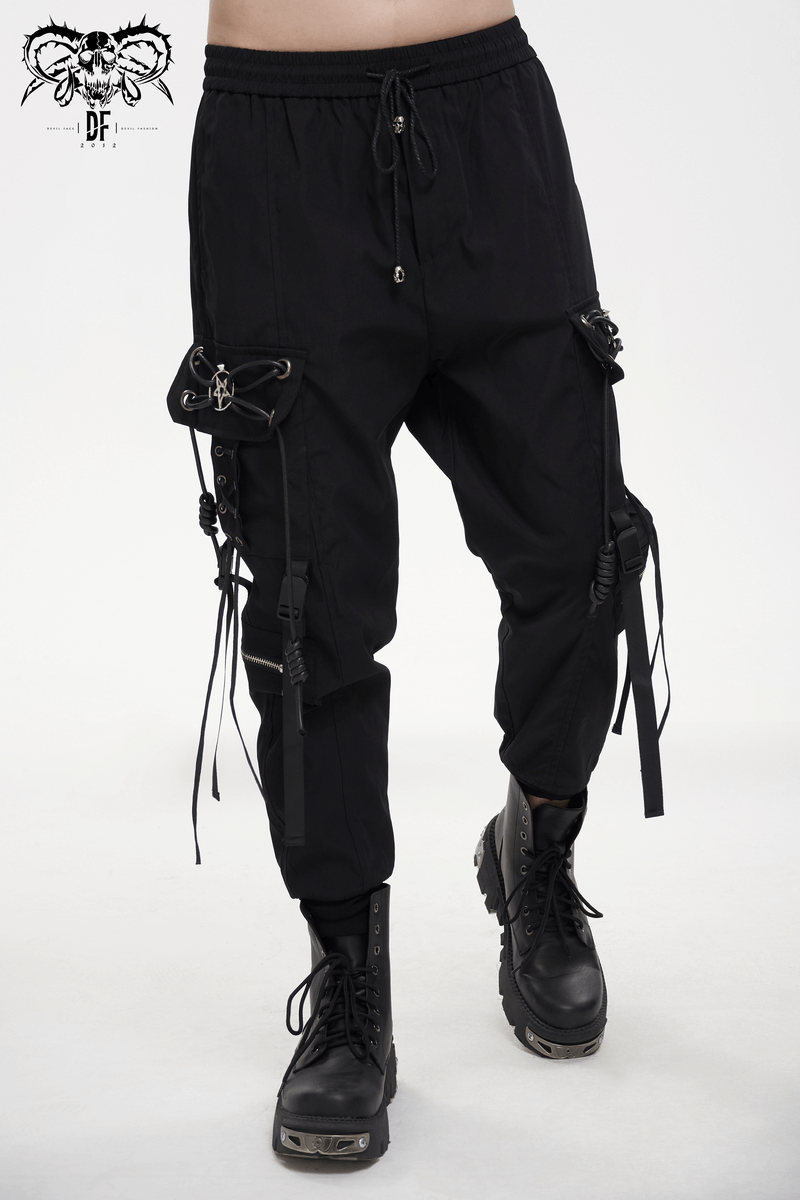Punk black cargo pants with metal pentagram details, perfect for a trendy, edgy style. Comfortable loose fit for men.