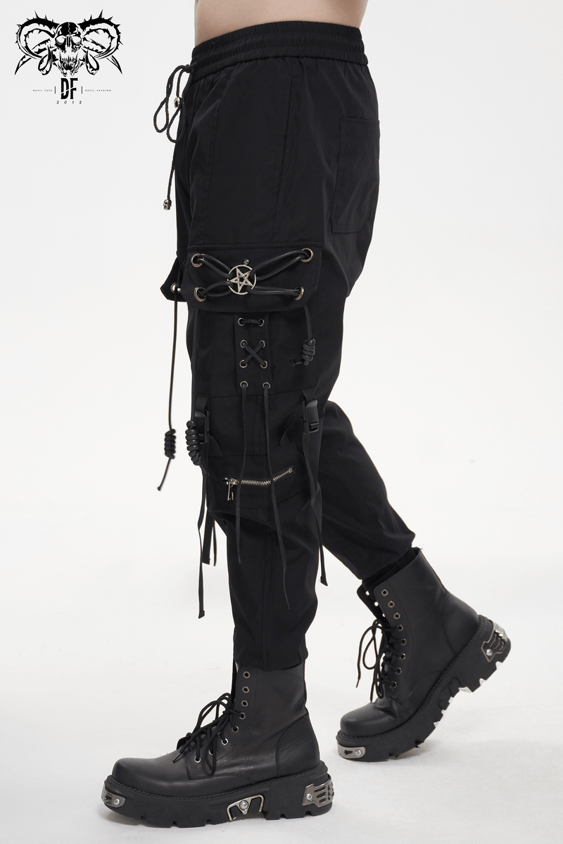 Men's black cargo pants featuring a metal pentagram, stylish lacing, and a comfortable elastic waist.