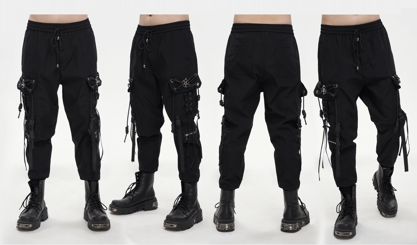 Stylish men's punk cargo pants with metal pentagram and pockets, featuring a loose fit and elastic waistband.