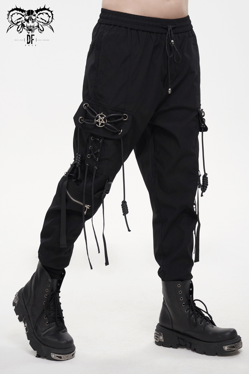 Men's punk cargo pants in black with metal pentagram and stylish lacing, perfect for edgy fashion lovers.