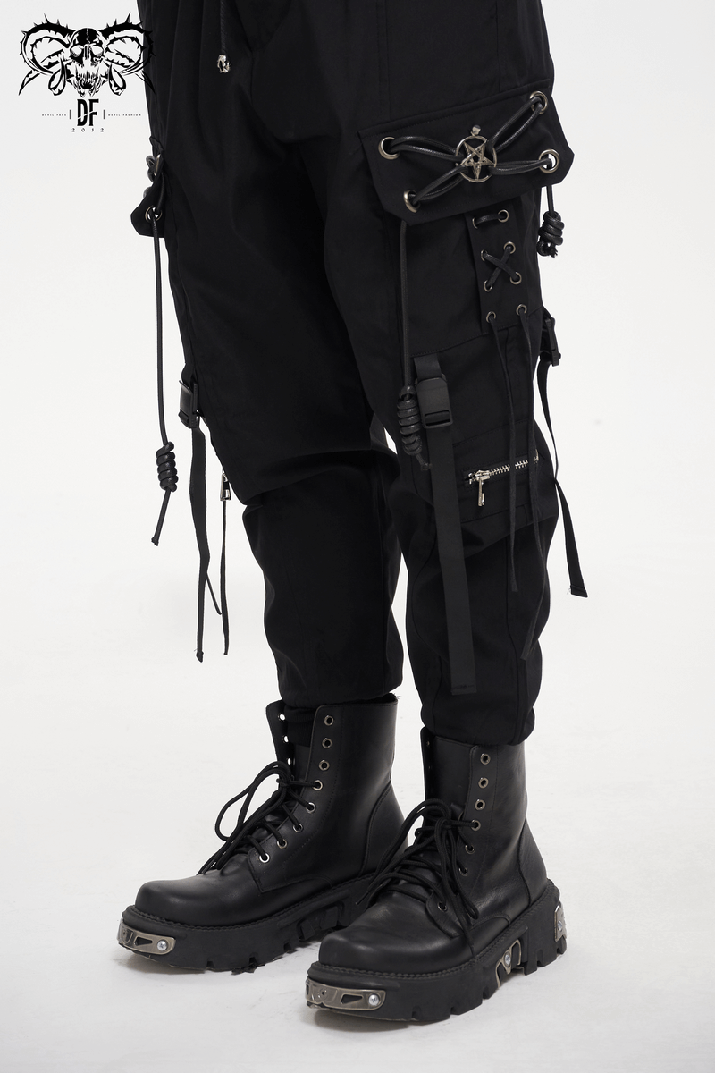 Punk cargo pants with metal pentagram detail, styled with edgy black combat boots for a bold look.
