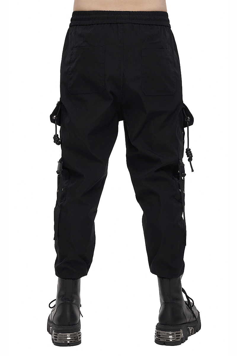 Black punk cargo pants with metal pentagram, featuring a comfortable elastic waist and stylish pockets.